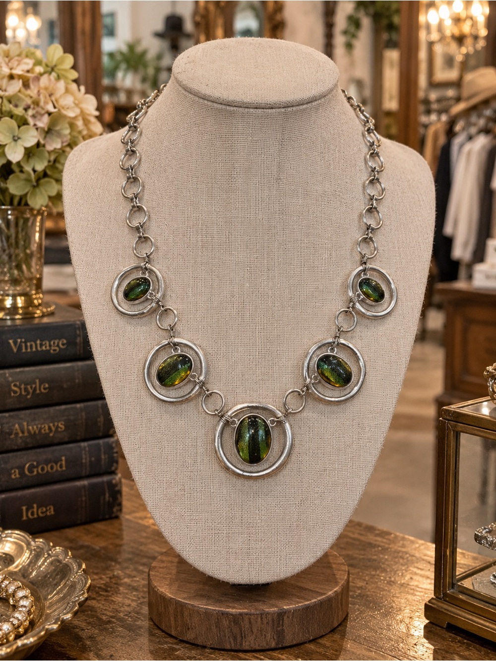 Silver Chain Necklace with Green Oval Gem Accents